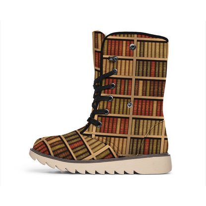 Vintage Bookshelf Pattern Print Winter Boots