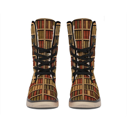 Vintage Bookshelf Pattern Print Winter Boots