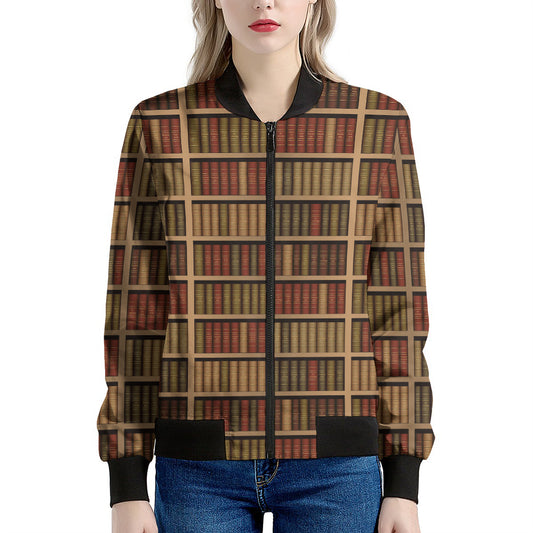 Vintage Bookshelf Pattern Print Women's Bomber Jacket