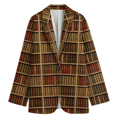 Vintage Bookshelf Pattern Print Women's Cotton Blazer