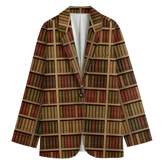 Vintage Bookshelf Pattern Print Women's Cotton Blazer