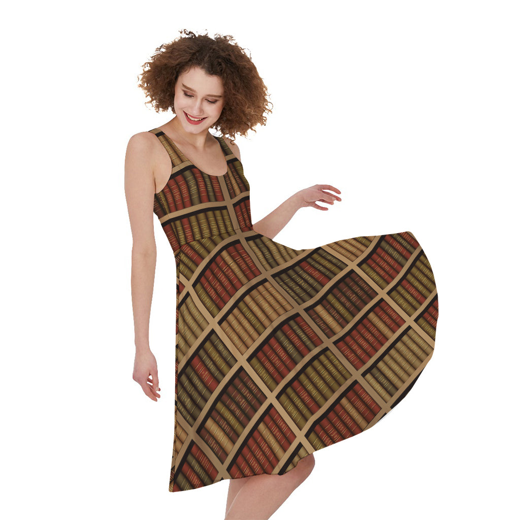 Vintage Bookshelf Pattern Print Women's Sleeveless Dress