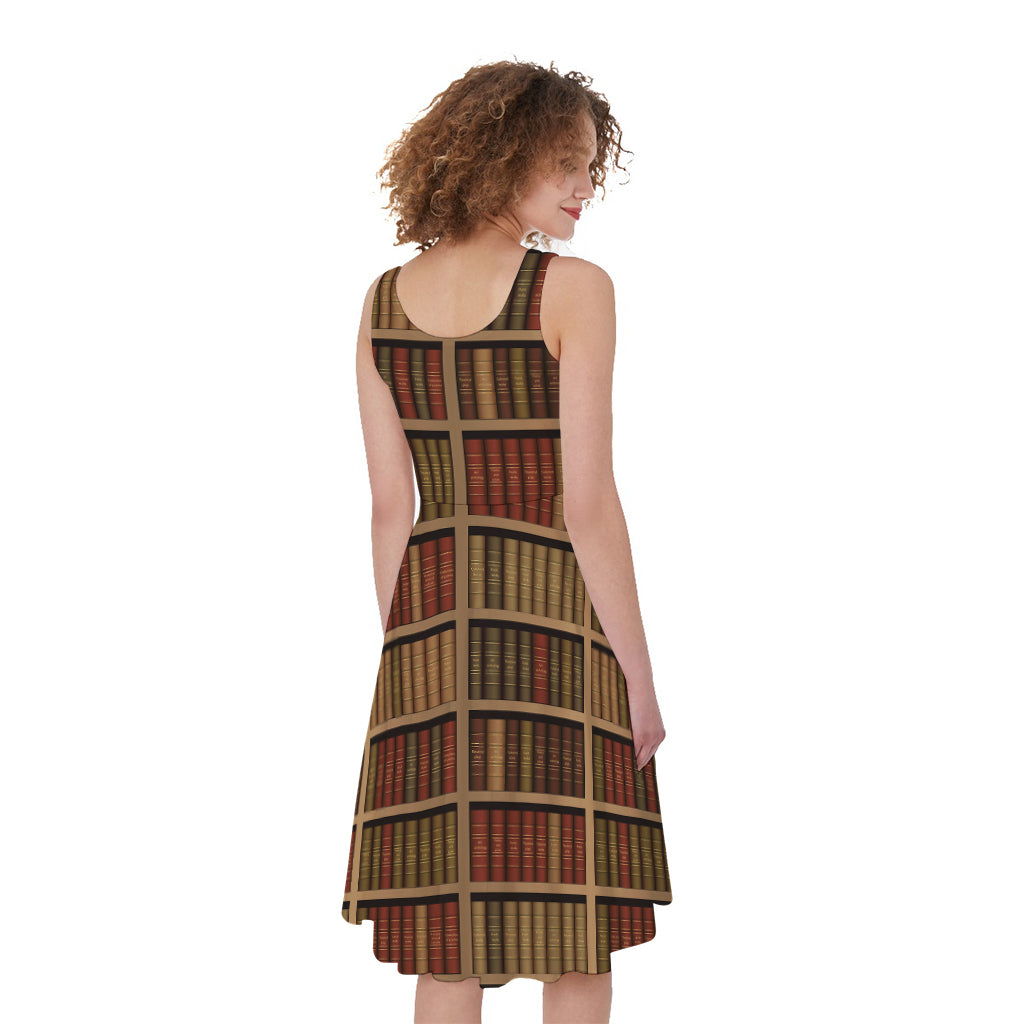 Vintage Bookshelf Pattern Print Women's Sleeveless Dress