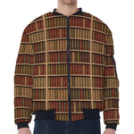 Vintage Bookshelf Pattern Print Zip Sleeve Bomber Jacket