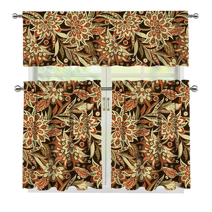 Vintage Brown Bohemian Floral Print 3 Piece Kitchen Curtains
