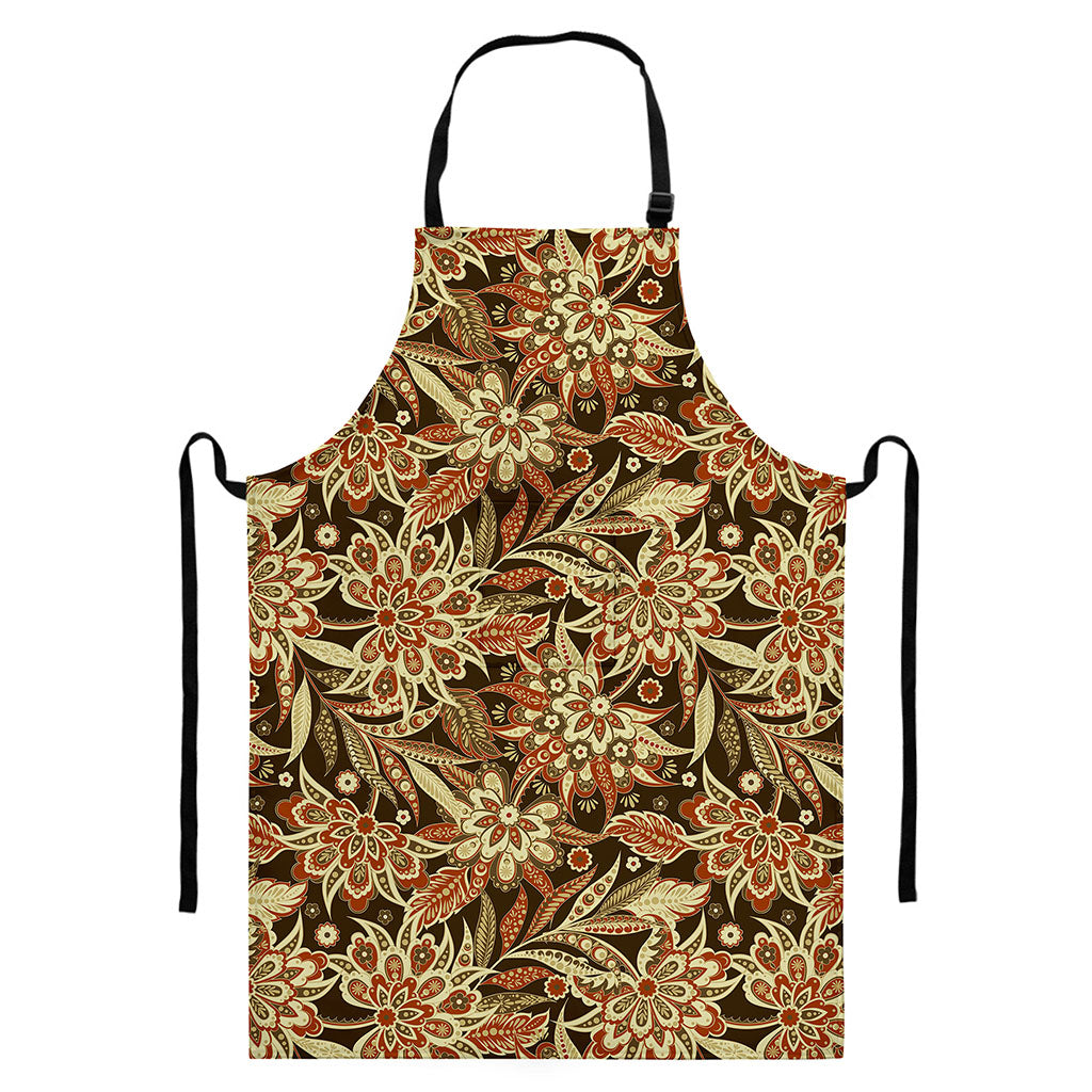 Vintage Brown Bohemian Floral Print Bib Apron With Pocket