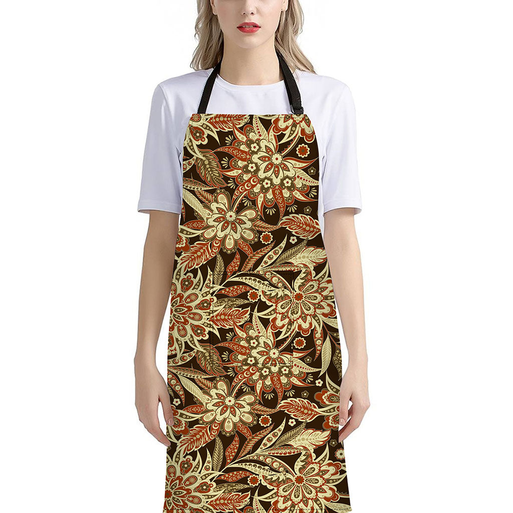 Vintage Brown Bohemian Floral Print Bib Apron With Pocket