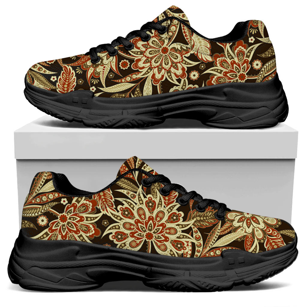 Vintage Brown Bohemian Floral Print Black Chunky Shoes