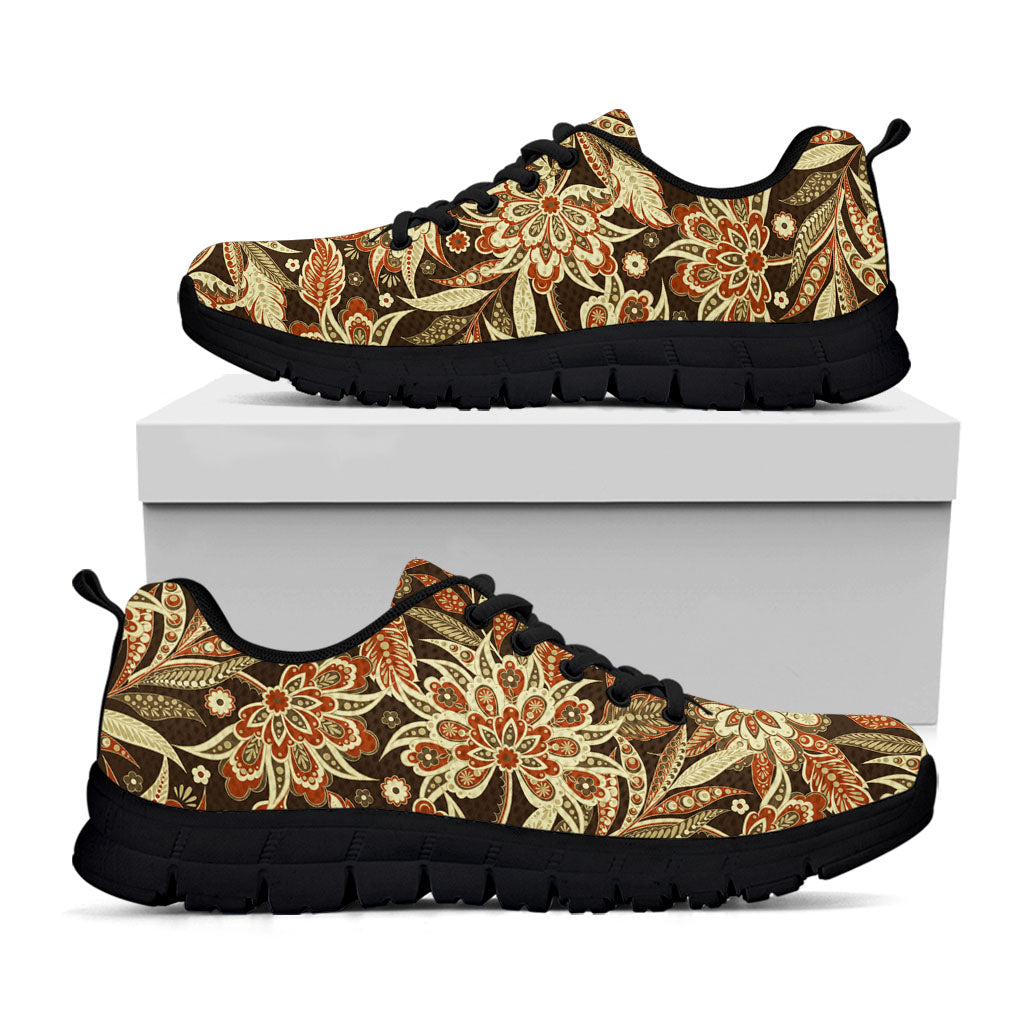 Vintage Brown Bohemian Floral Print Black Running Shoes