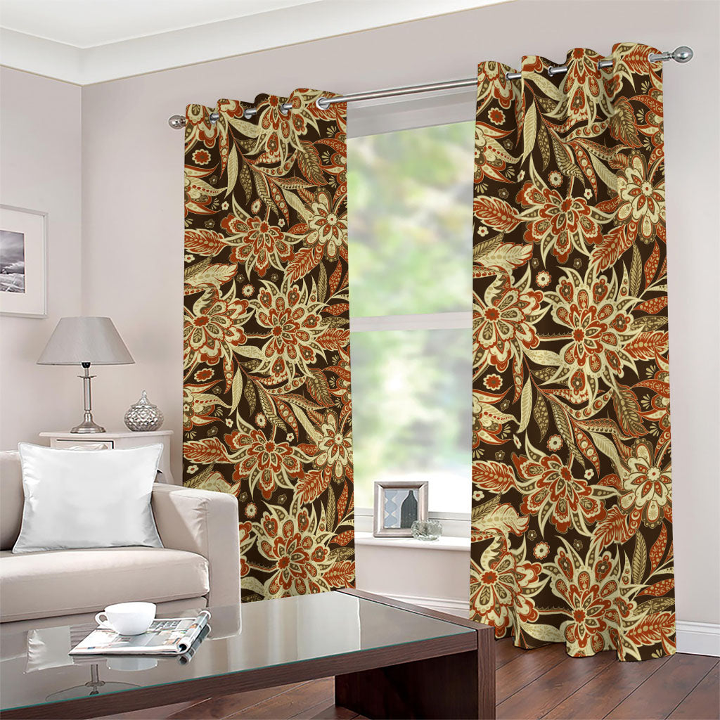 Vintage Brown Bohemian Floral Print Blackout Grommet Curtains