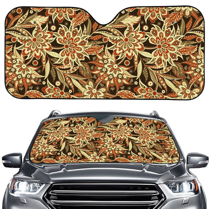 Vintage Brown Bohemian Floral Print Car Windshield Sun Shade