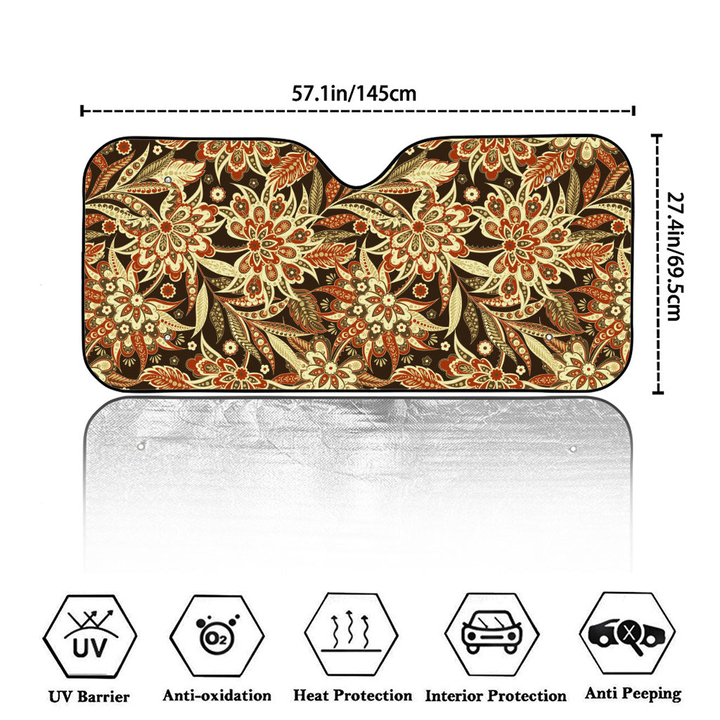 Vintage Brown Bohemian Floral Print Car Windshield Sun Shade