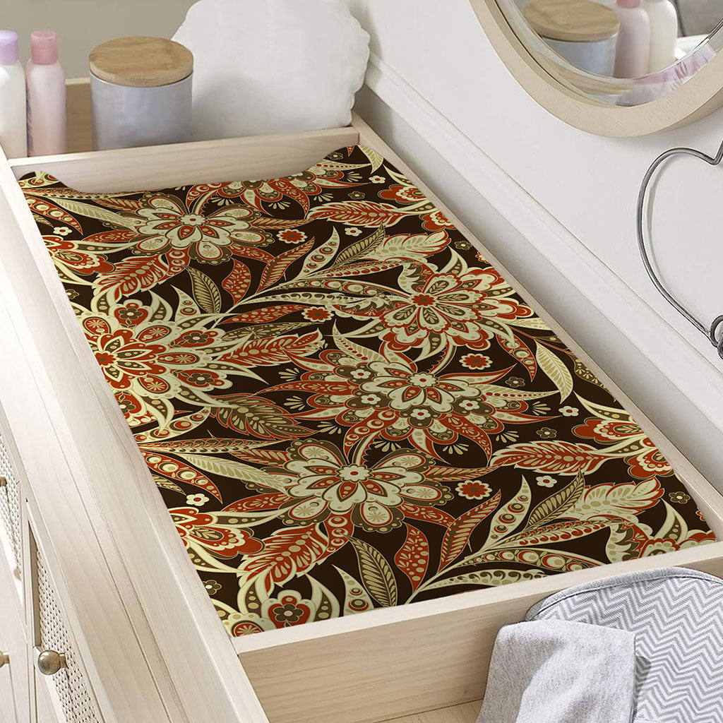 Vintage Brown Bohemian Floral Print Changing Pad Cover