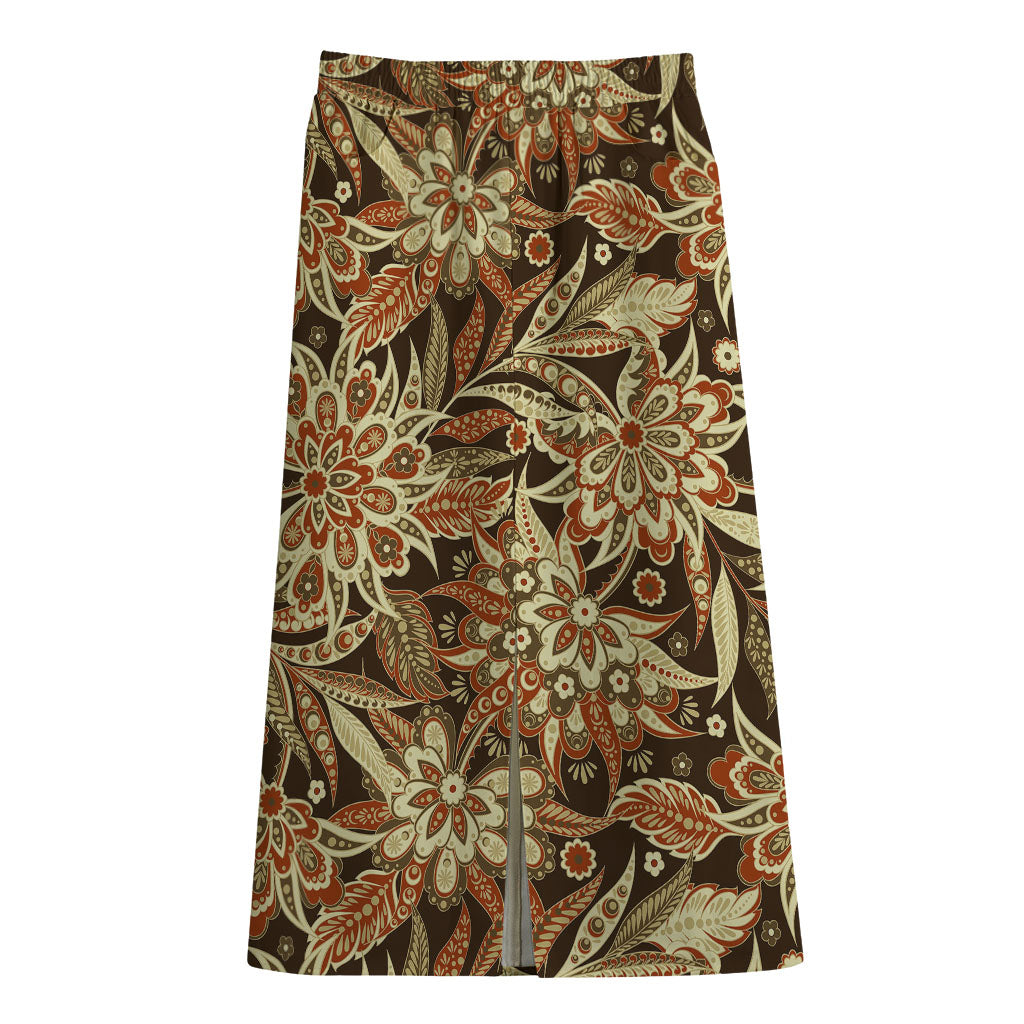 Vintage Brown Bohemian Floral Print Cotton Front Slit Maxi Skirt