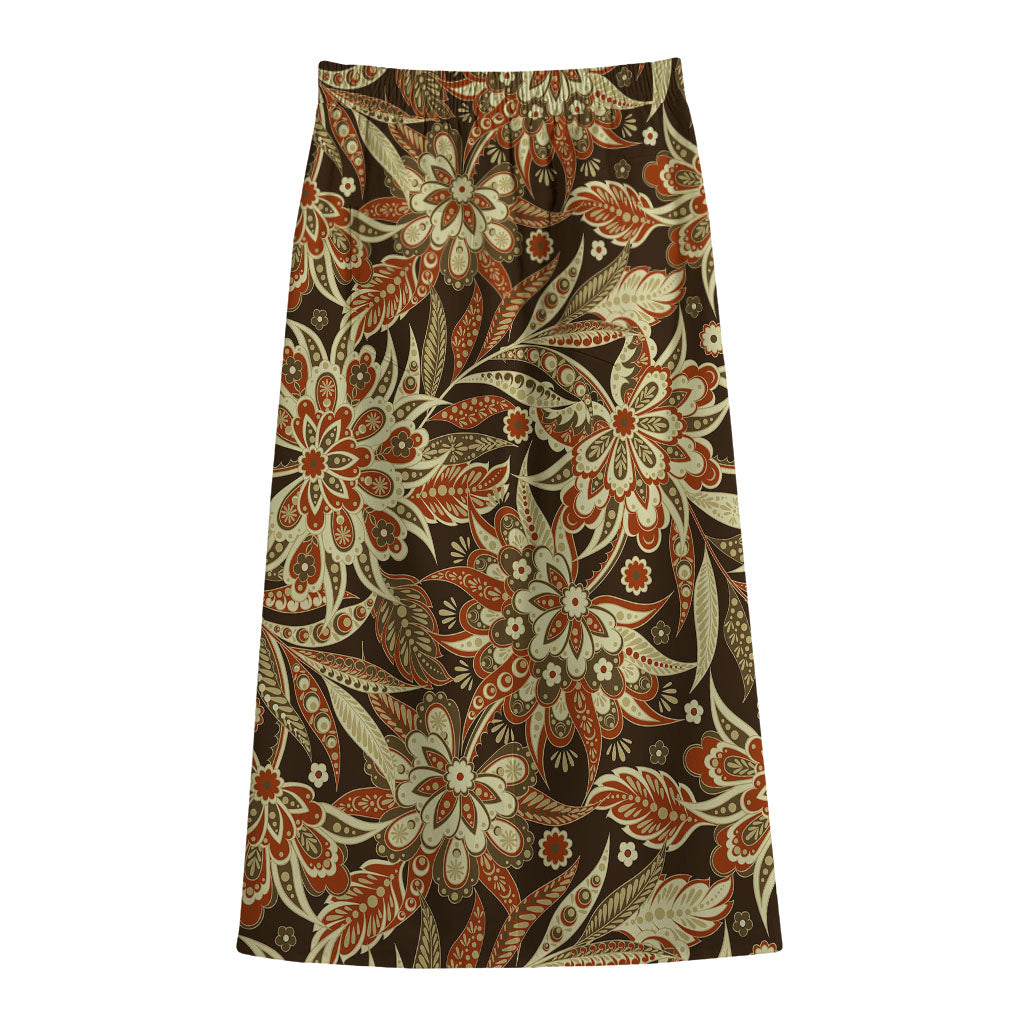 Vintage Brown Bohemian Floral Print Cotton Front Slit Maxi Skirt