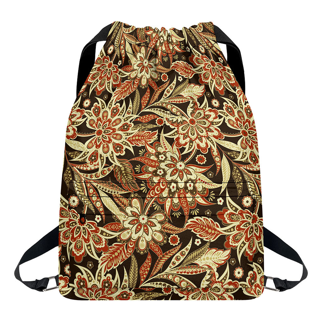 Vintage Brown Bohemian Floral Print Drawstring Backpack