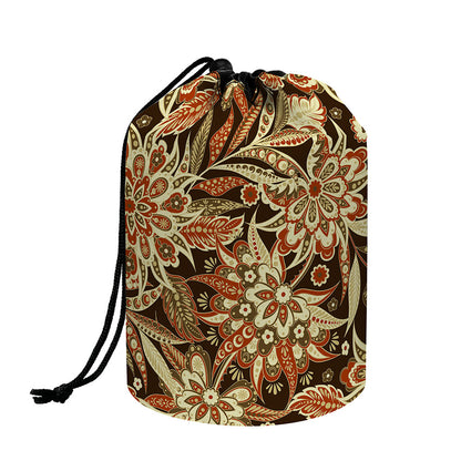Vintage Brown Bohemian Floral Print Drawstring Makeup Bag