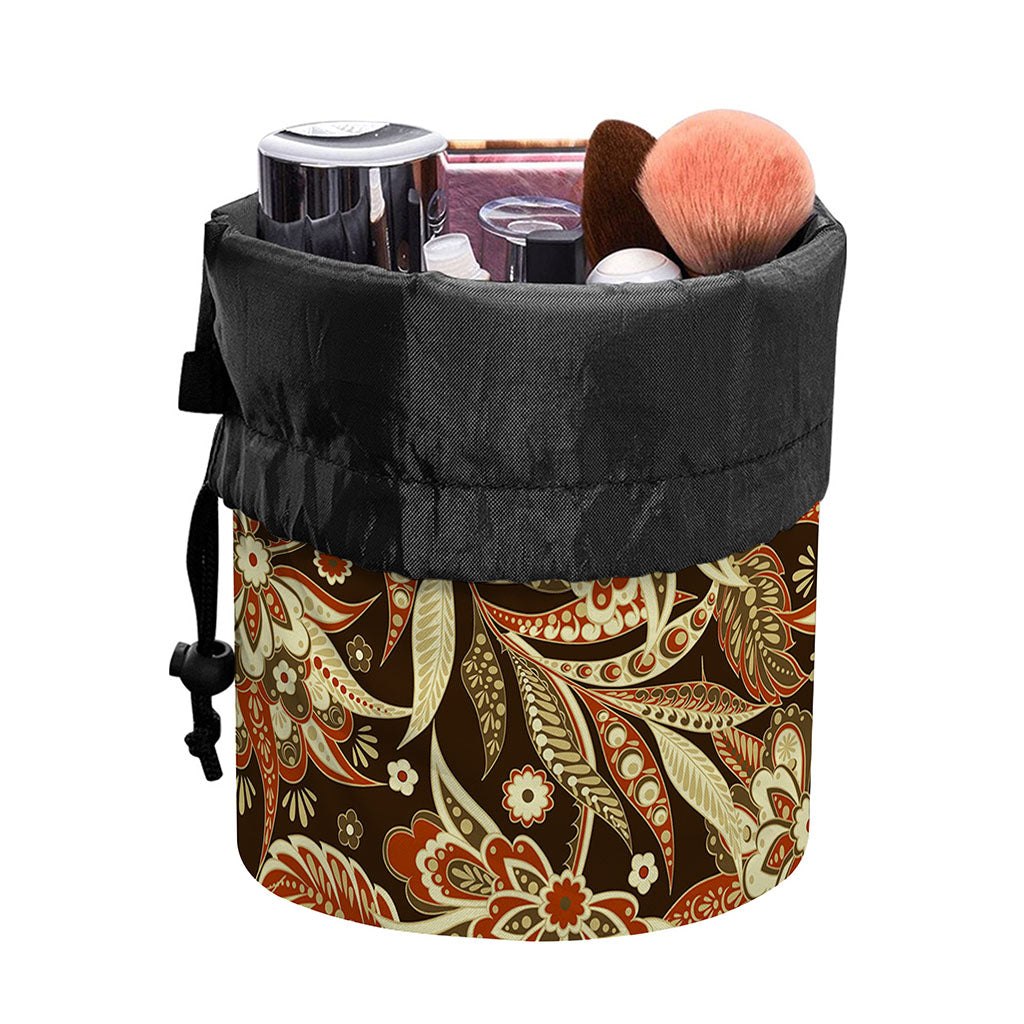 Vintage Brown Bohemian Floral Print Drawstring Makeup Bag