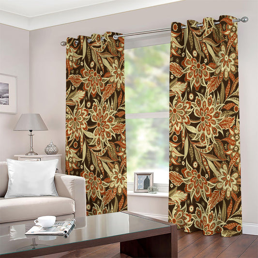 Vintage Brown Bohemian Floral Print Extra Wide Grommet Curtains