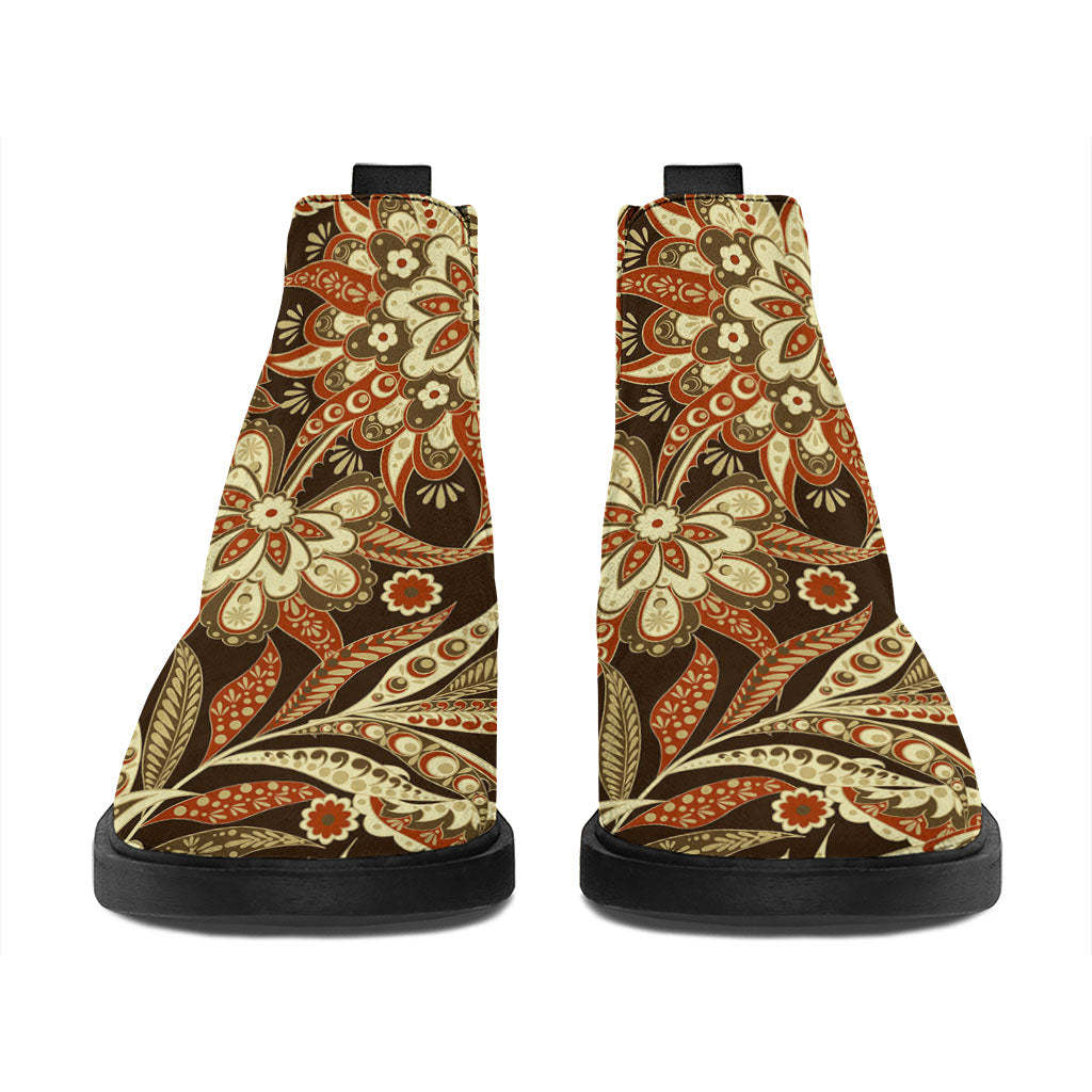 Vintage Brown Bohemian Floral Print Flat Ankle Boots