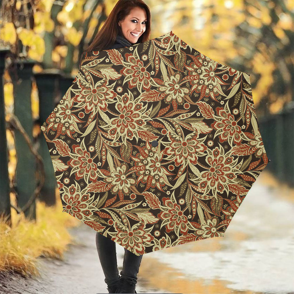 Vintage Brown Bohemian Floral Print Foldable Umbrella