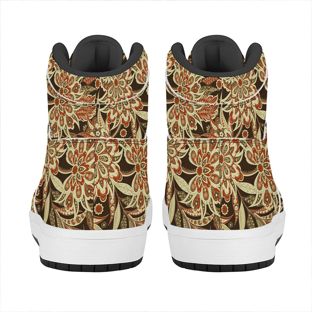 Vintage Brown Bohemian Floral Print High Top Leather Sneakers