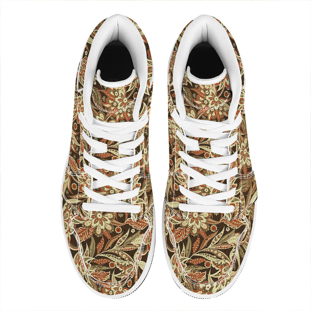 Vintage Brown Bohemian Floral Print High Top Leather Sneakers