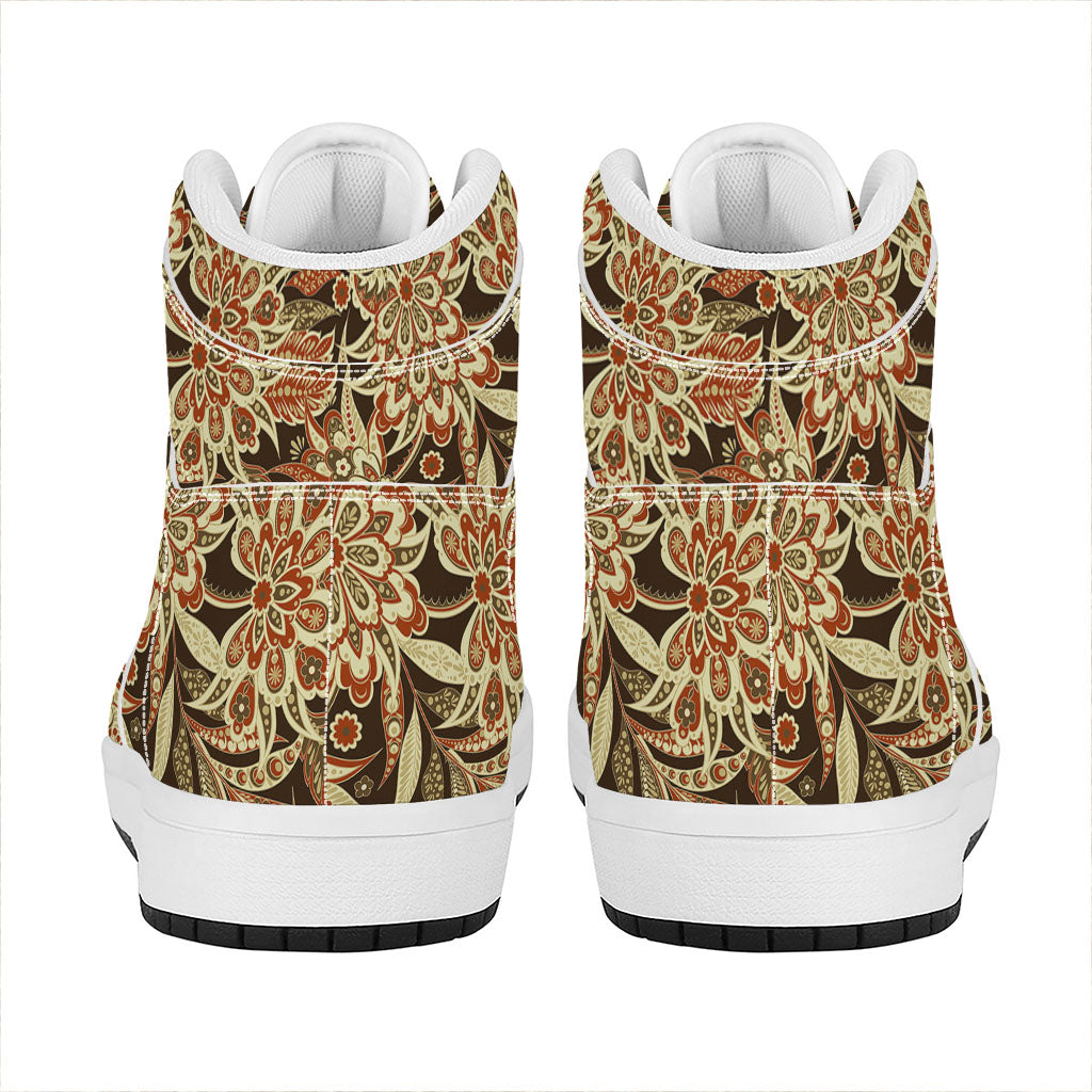 Vintage Brown Bohemian Floral Print High Top Leather Sneakers