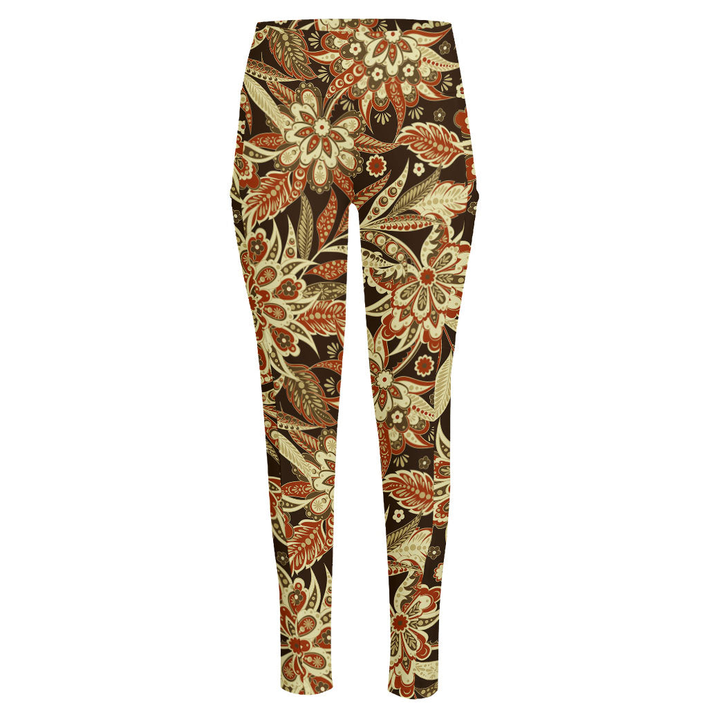 Vintage Brown Bohemian Floral Print High-Waisted Pocket Leggings