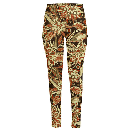 Vintage Brown Bohemian Floral Print High-Waisted Pocket Leggings