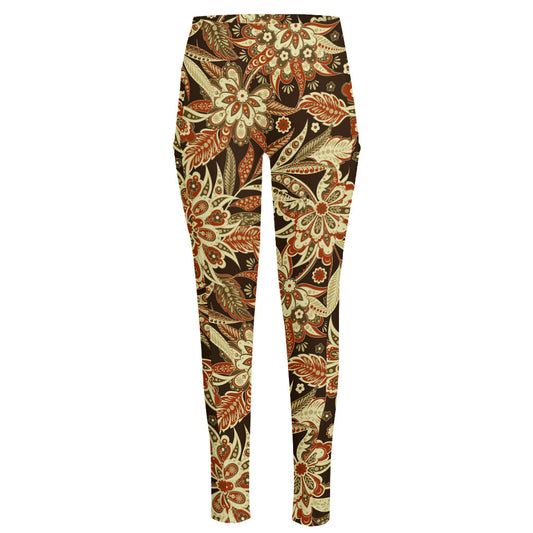 Vintage Brown Bohemian Floral Print High-Waisted Pocket Leggings
