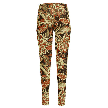 Vintage Brown Bohemian Floral Print High-Waisted Pocket Leggings