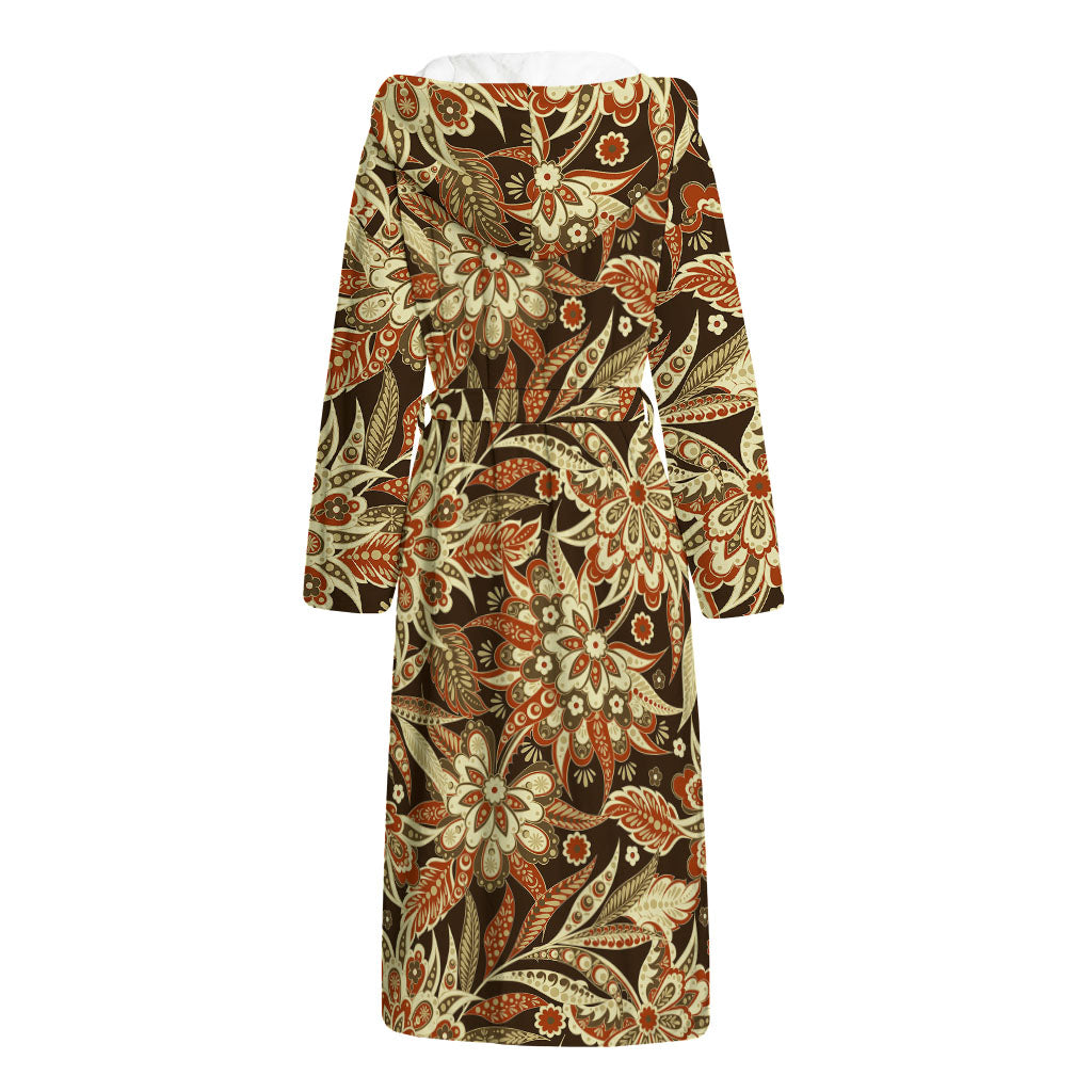 Vintage Brown Bohemian Floral Print Hooded Bathrobe