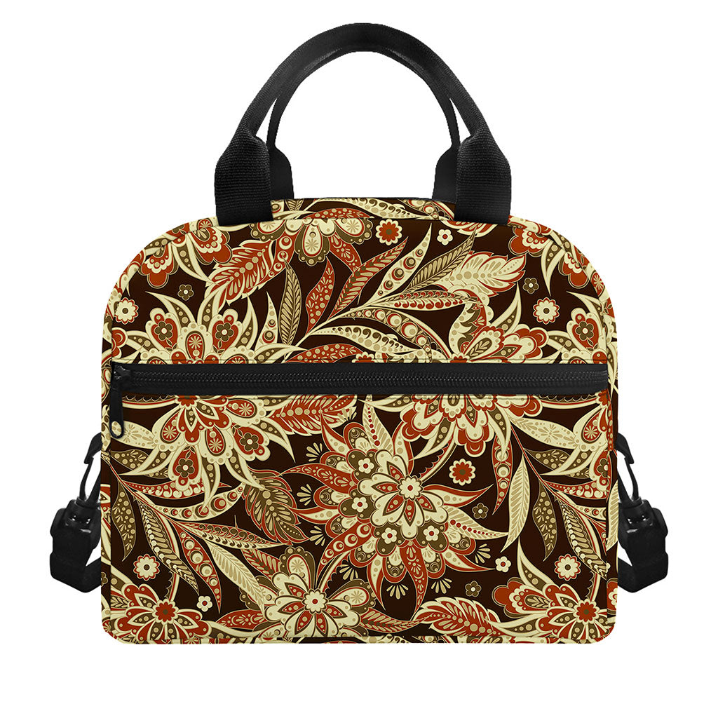 Vintage Brown Bohemian Floral Print Insulated Lunch Bag