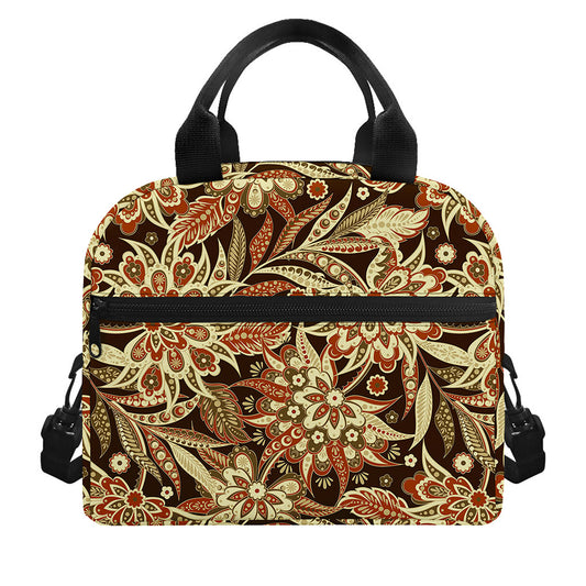 Vintage Brown Bohemian Floral Print Insulated Lunch Bag