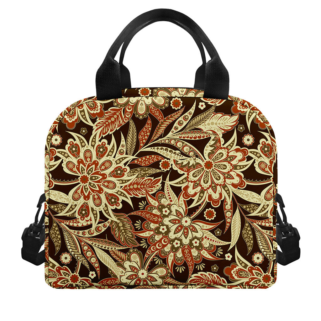 Vintage Brown Bohemian Floral Print Insulated Lunch Bag