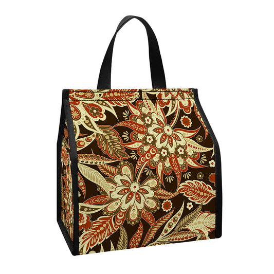 Vintage Brown Bohemian Floral Print Insulated Lunch Tote