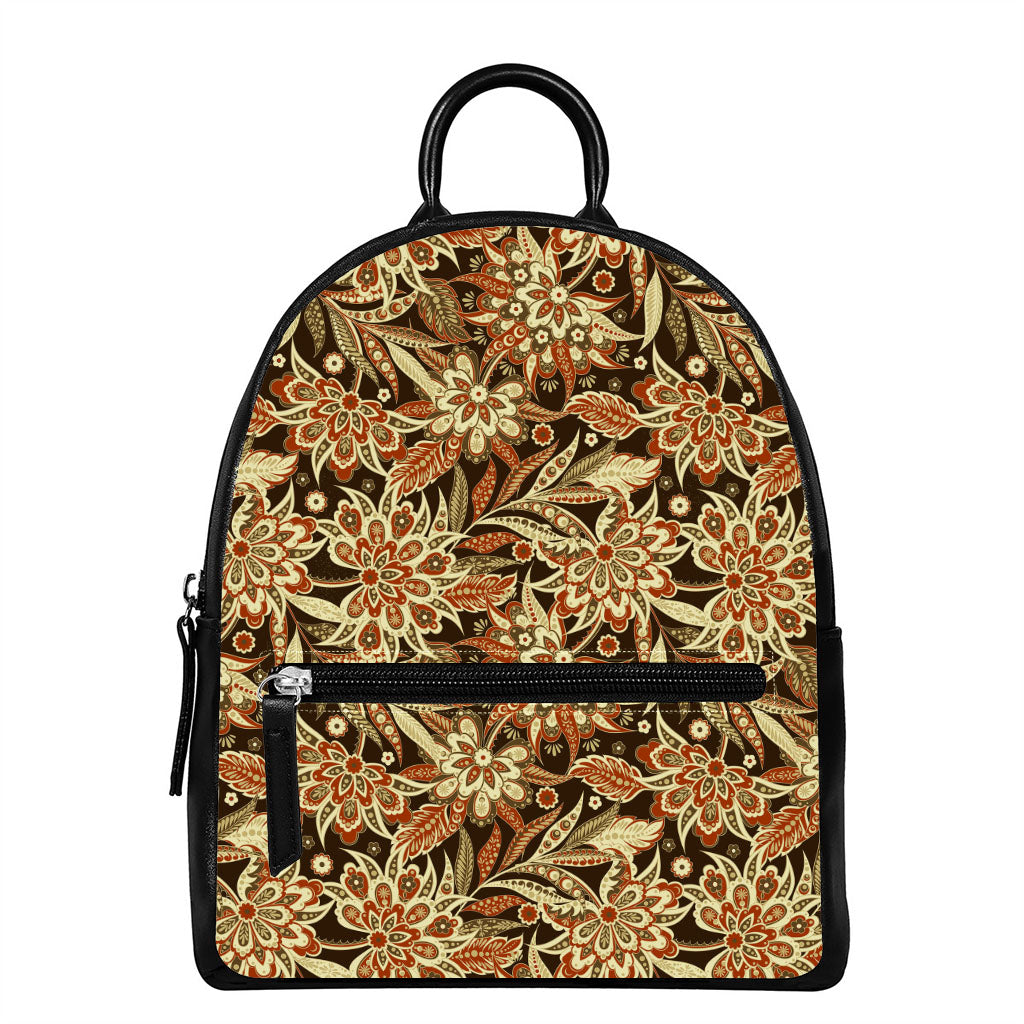 Vintage Brown Bohemian Floral Print Leather Backpack