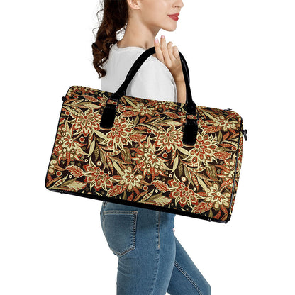 Vintage Brown Bohemian Floral Print Leather Duffle Bag