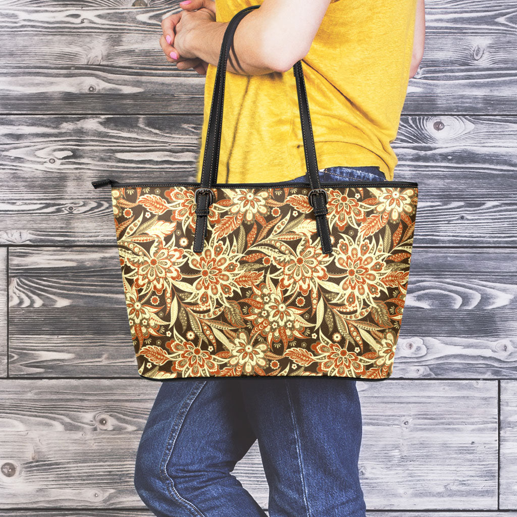 Vintage Brown Bohemian Floral Print Leather Tote Bag