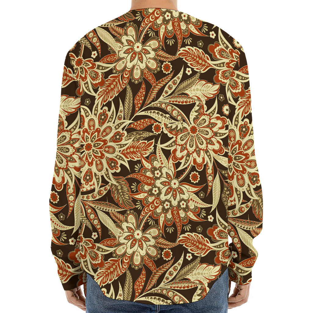 Vintage Brown Bohemian Floral Print Long Sleeve Baseball Jersey
