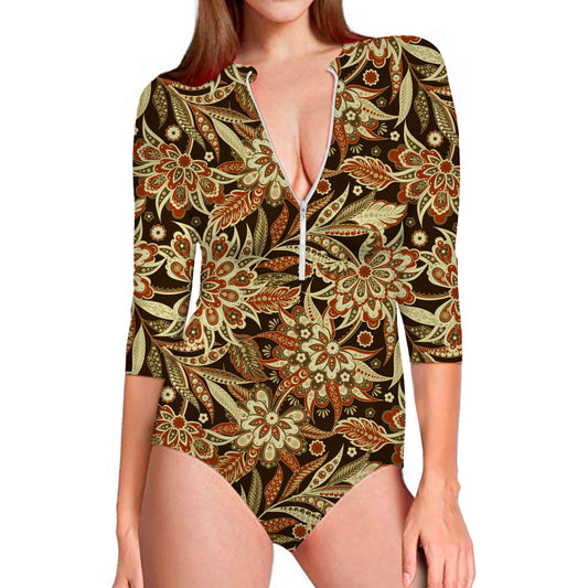 Vintage Brown Bohemian Floral Print Long Sleeve Swimsuit