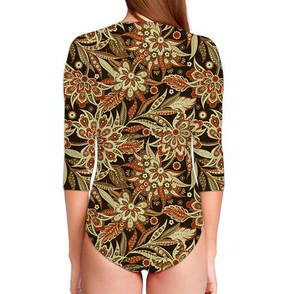 Vintage Brown Bohemian Floral Print Long Sleeve Swimsuit