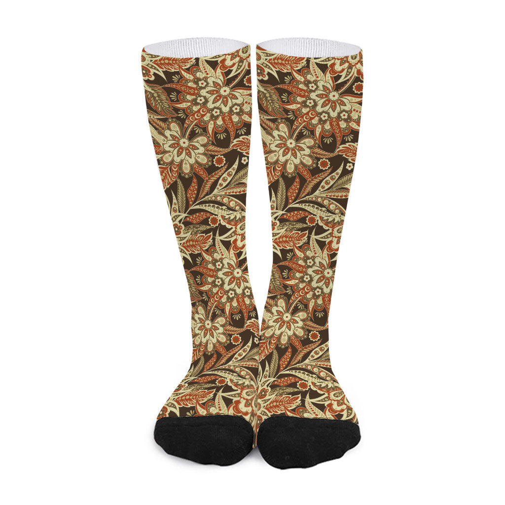 Vintage Brown Bohemian Floral Print Long Socks