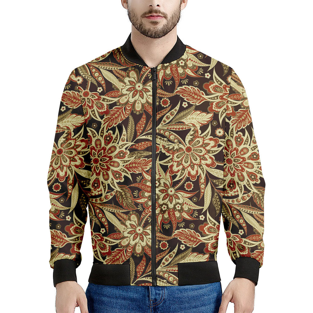 Vintage Brown Bohemian Floral Print Men's Bomber Jacket