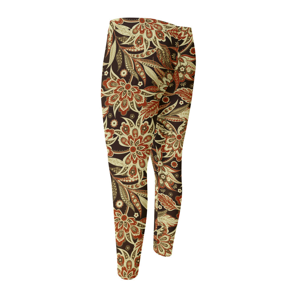 Vintage Brown Bohemian Floral Print Men's Compression Pants