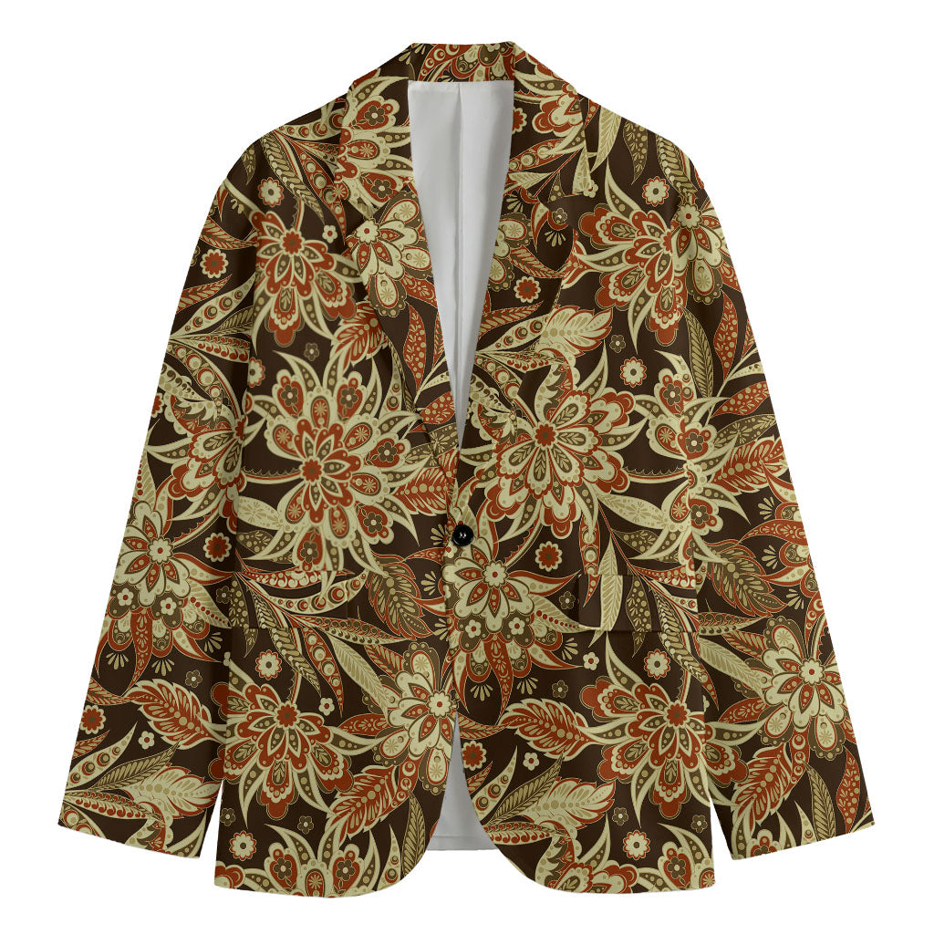 Vintage Brown Bohemian Floral Print Men's Cotton Blazer