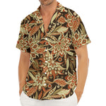 Vintage Brown Bohemian Floral Print Men's Deep V-Neck Shirt