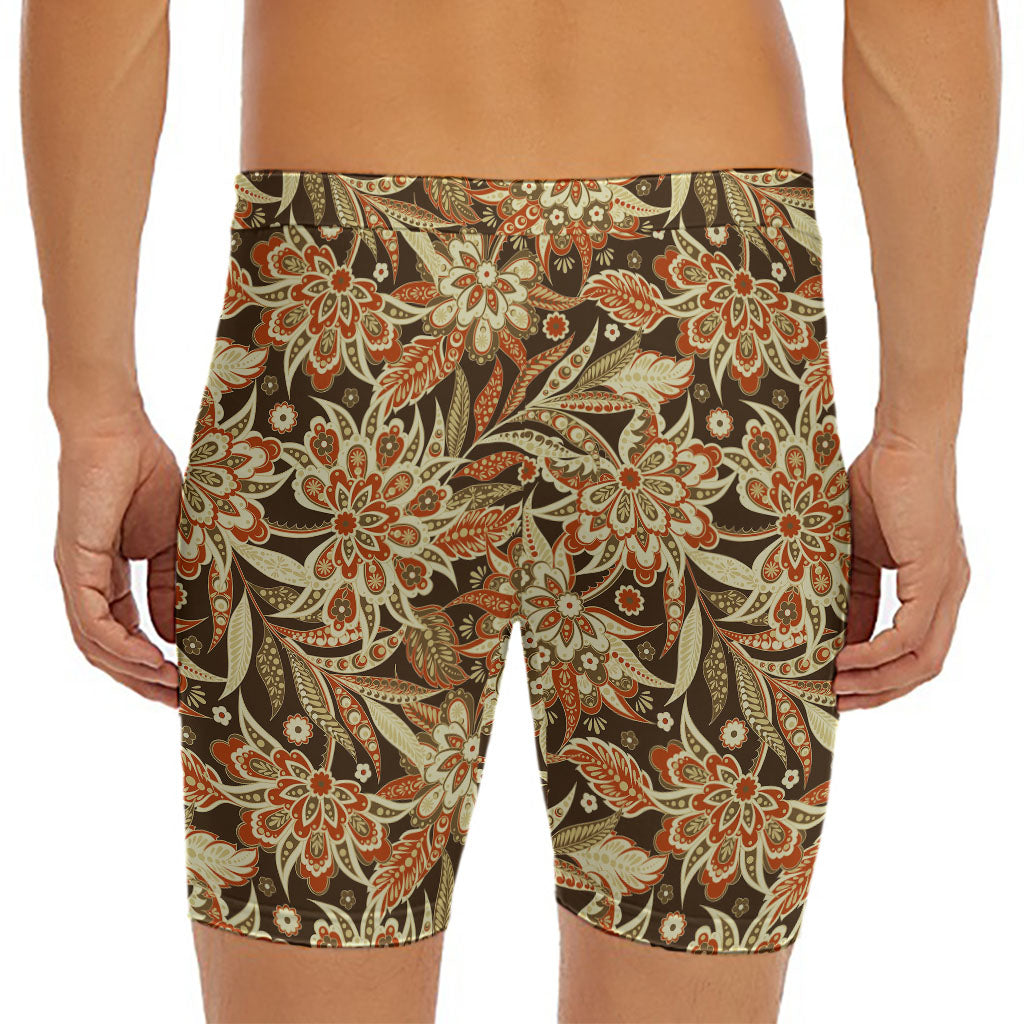 Vintage Brown Bohemian Floral Print Men's Long Boxer Briefs