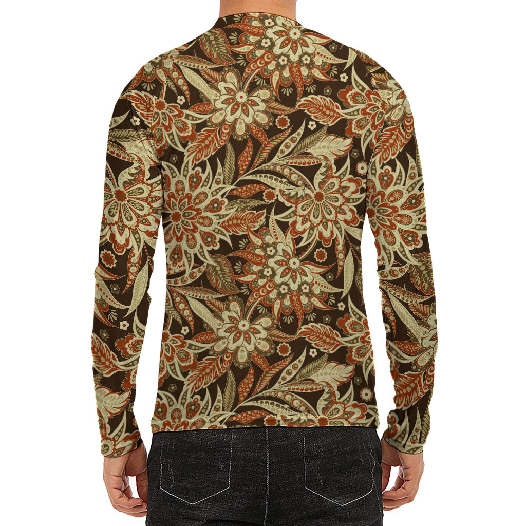 Vintage Brown Bohemian Floral Print Men's Long Sleeve Rash Guard
